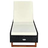 UERNGFTKM Black Poly Rattan Patio Sunbed with Cushion, Outdoor Recliner with Adjustable Backrest and Acacia Wood Legs