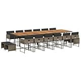 KGHFDVB 17-Piece Garden Dining Set in Grey and Brown with Rectangular Table, 12 High-Back Chairs, 4 Stools, PE Rattan, Acacia Wood, and Steel
