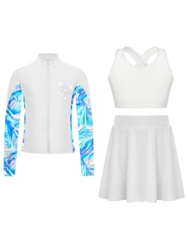 dPois Girls Ice Skating Training Suit Long Sleeve Zip Up Jacket with Crop Top & High Waist Pleated Skirt Set White 4 Years