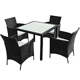 KGHFDVB 5 Piece Patio Dining Set with Cushions, 1 Glass Top Table and 4 Poly Rattan Black Chairs, Outdoor Furniture Set with Removable Seat Cushions
