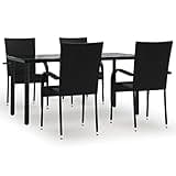 WRJENFSC 5 Piece Patio Dining Set, Black PE Wicker Outdoor Furniture with 63 Inch Tempered Glass Dining Table and 4 Stackable Rattan Chairs for Backyard, Garden, and Balcony