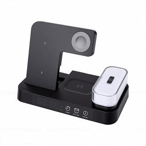 Bewinner 4 in 1 Charging Station, Magnetic Wireless Chargering Stand with LED Display Digital Clock Alarm Snooze RGB Night Light for Phone Watch Earbuds (Black)