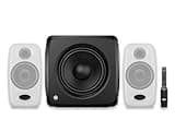IK Multimedia iLoud Micro Monitor Pro White Pair & iLoud Sub Bundle with ARC X Calibration, 25Hz Bass Extension, Portable Reference Speaker System for Mixing, Production & DJ Setup
