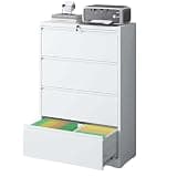 Kiwaou 4-Drawer Lateral File Cabinet with Lock, White Metal Filing Cabinet for Legal Letter A4 F4 Size, Lockable Storage for Home Office