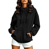 Full Zip Hoodies for Women Raglan Long Sleeve Loose Fit Comfy Sweatshirt Trendy Casual Fall Winter Hooded Tops Black