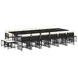 WRJENFSC 17 Piece Garden Dining Set, 16 Person Outdoor Dining Table and Chairs with Cream White Cushions, Black Poly Rattan and Steel Frame for Patio and Terrace, 130in Long