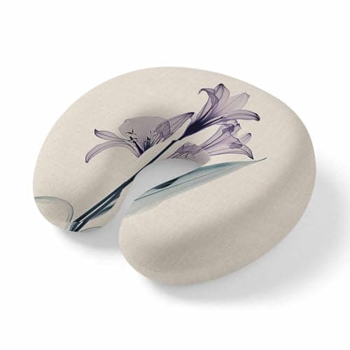 ZFUNCING Travel Pillows U-Shaped Neck Pillow Purple Lilies on Vintage Linen Ergonomic Memory Foam Pillow Head Cushion,Retro Country Floral Art Soft Portable Neck Pillows for Office Airplane Car Train