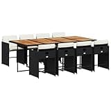 WRJENFSC 9 Piece Patio Dining Set, Black Poly Rattan Outdoor Furniture with 8 Chairs and Acacia Wood Tabletop, Space Saving Garden Table Set with Padded Cushions for Backyard