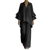 Oplxuo Women Linen 2 Piece Outfits Ruffle 3/4 Sleeve High Low Tunic Top Palazzo Pants Summer Beach Vacation Matching Set