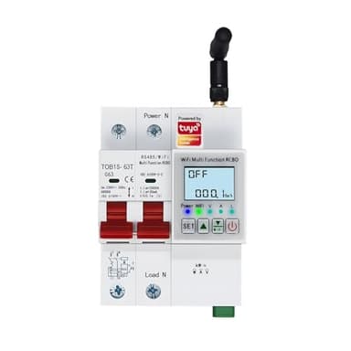 TOB1S-63T 2P 63A WiFi Smart RCBO, Short Circuit Protection, OVP/UVP/OCP, DIN Rail, TUYA SmartLife, V/A/Hz/kWh/Temp/Leakage Display, 230VAC 1-63A