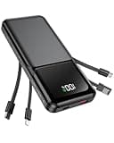RONEGN Portable Charger with Built in Cable -20000mAh Fast Charging Power Bank USB C Slim 22.5W LED Display Battery Pack 5 Outputs & 3 Inputs for Travel Essentials iPhone Samsung Phones Black