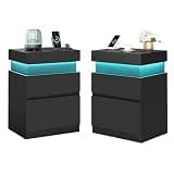 VASAGLE Kailyn Collection - Nightstands with Power Outlets, Sliding Lid, Modern Bedside Tables with LED Lights, End Tables, 2 Drawers, Set of 2, 15.7 x 18.9 x 26.8 Inches, Ink Black ULET650BC01S-2J