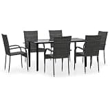 Makastle 7-Piece Patio Dining Set, Gray PE Rattan with Black Tempered Glass Table, 63 x 31.5 x 29.1 Inches, Rectangular, Stackable Chairs, Assembly Required