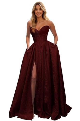 enetly Satin Floral Burgundy Prom Dresses for Women 2026 Strapless Ball Gown Long Slit Formal Evening Dress with Pockets 10