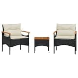 TUERYAFEK 3 Piece Patio Sofa Set with Cushions Black Poly Rattan Acacia Wood Table