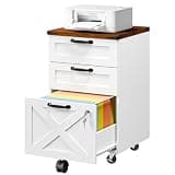 HOOBRO 3 Drawer File Cabinet with Lock, Mobile Farmhouse Filing Cabinet for A4/Letter Size, Under Desk Rolling Office Cabinet, Printer Stand with Storage for Home Office, White and Walnut WH67WJ01