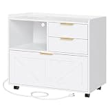 HOOBRO Lateral File Cabinet, Wooden Office Storage Drawers with Charging Station, Filing Cabinet for Home Office, A4/Letter/Legal-Sized Files, Printer Stand with Open Storage Spaces, White WT37UWJ01