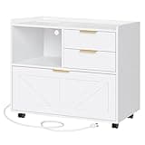 HOOBRO Lateral File Cabinet, Wooden Office Storage Drawers with Charging Station, Filing Cabinet for Home Office, A4/Letter/Legal-Sized Files, Printer Stand with Open Storage Spaces, White WT37UWJ01