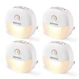 AUVON Plug in Night Light with Motion Sensor and Dusk to Dawn Sensor, Mini Warm White LED Nightlight with 1-50 lm Adjustable Brightness for Bathroom, Hallway, Stairs, Bedroom, Kitchen, 4 Packs