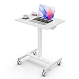 DUMOS Mobile Small Standing Desk, Portable Rolling Laptop Desk with 2 Lockable Wheels, Adjustable Height Computer Workstation for Home Office, 19 Inch White