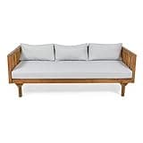 Christopher Knight Home Tina Outdoor 3 Seater Acacia Wood Daybed, Teak Finish, Light Grey