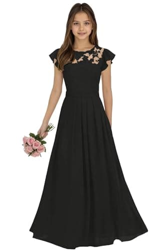 Flutter Sleeve Junior Bridesmaid Dresses Lace A-Line Flower Girl Dress Black Round Neck Chiffon Girls Pageant Wedding Dresses Size 4