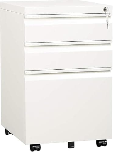 GarveeHome Three-Drawer Metal Filing Cabinet with Lock, Office Filing Cabinet, Steel Drawer Storage Cabinet, Compact Office Organizer Suitable for Home Office File Storage, White