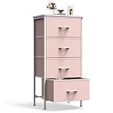Sweetcrispy Nightstand Small Bedroom Dresser with 4 Fabric Drawers,Bed Side Furniture End Table,Wooden Top Cabinet Night Stand Dresser for Closet,Entryway,Dorm,Pink