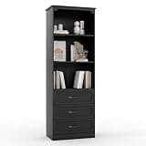 SLEKVERSA 70" H Bookshelf with 3 Drawers, Tall Bookcase with 3-Tier Open Shelves Wood Bookcase with Adjustable Shelf Kitchen Pantry Storage Organizer Cabinets for Home Office, Living Room(Dark Black)