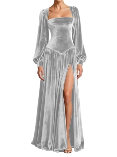 Bddhkw Silver Velvet Formal Dresses for Fall Long Sleeves Wedding Guest Dress Square Neck Bridesmaid Dresses Size 28W