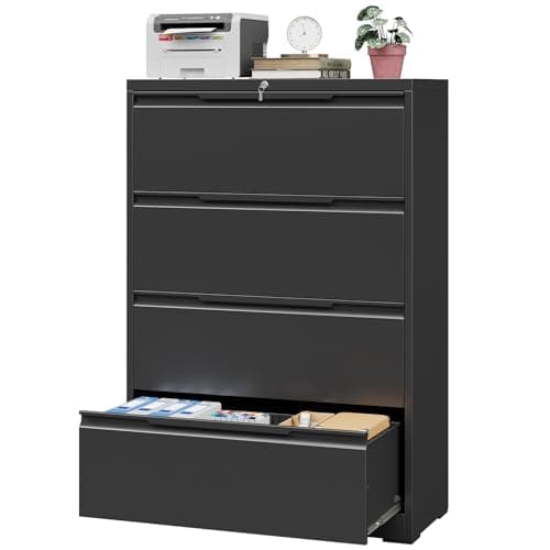Korolado 4 Drawer Lateral File Cabinet with Lock, Heavy Duty Large Metal Filing Cabinet for Home Office, Letter/Legal/F4/A4 Size, Easy Assembly, Black