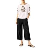 Oplxuo Women Linen 2 Piece Casual Sets Crew Neck Geometric Embroidery Short Sleeve Blouse Capri Pants Summer Resort Outfits