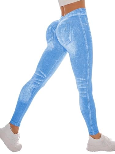 BYNNIC V Back Faux Denim Leggings for Women Scrunch Butt Lifting Yoga Pants Tummy Control High Waist Jeans Stretchy Jeggings Light Blue