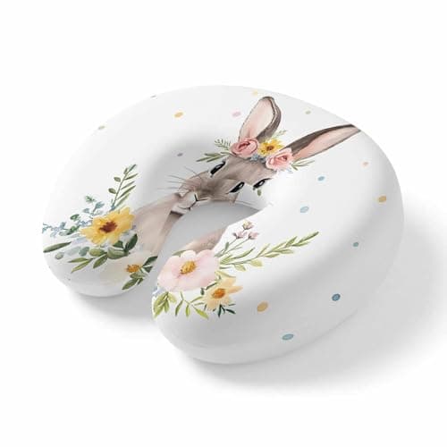 ZFUNCING Travel Pillows U-Shaped Neck Pillow Spring Easter Rabbit Ergonomic Memory Foam Pillow Head Cushion,Watercolor Flowers Bunny Soft Portable Neck Pillows for Office Airplane Car Train