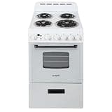 Avanti Electric Range Oven Compact Design, 2.1-Cu.Ft. Capacity with 4 Coil Burners, Framed Glass Oven Door, Storage Drawer and Broiler with Pan, 20-Inch, White