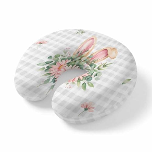 Travel Pillows U-Shaped Neck Pillow Easter Watercolor Rabbit Ears Ergonomic Memory Foam Pillow Head Cushion,Flowers on Gray Checker Grid Soft Portable Neck Pillows for Office Airplane Car Train