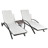 KMUNGDWG 2-Piece Rattan Sun Lounger Set with Adjustable Backrest, Brown PE Rattan, Includes 2 Sun Loungers and 1 Table, with Removable Cushions and Wheels