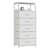 Furnulem White Dresser with 5 Drawers, Vertical Storage Tower Fabric Dresser for Bedroom, Hallway, Entryway, Nursery, Closet Organizer, Nightstand Bedside Table Furniture, Sturdy Steel Frame, Wood Top
