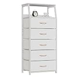 Furnulem White Dresser with 5 Drawers, Vertical Storage Tower Fabric Dresser for Bedroom, Hallway, Entryway, Nursery, Closet Organizer, Nightstand Bedside Table Furniture, Sturdy Steel Frame, Wood Top