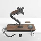 Premium Gas Spring Monitor Arm with Wooden Desk Organizer Base & 15W Wireless Charger, Single Monitor Desk Mount with USB C Hub, Ergonomic Articulating VESA Stand for 17-34 Inch Screen, Space Saving