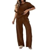 Oplxuo Women Linen 2 Piece Vacation Matching Sets Short Sleeve Top Floral Applique Loose Wide Leg Pants Beach Casual Outfit