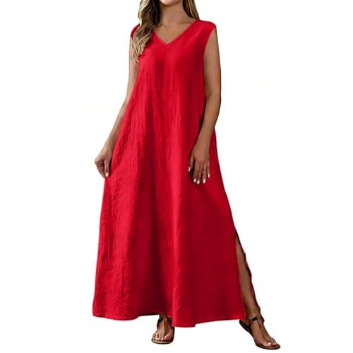 Women Cotton Linen Sleeveless Maxi Dress Casual Loose Fit Shift Dress Flowy Beach Summer Long Tank Dress with Slit Red