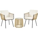 Yaheetech 3 Piece Patio Rattan Bistro Set, Outdoor All Weather PE Wicker Conversation Furniture Set with 2 Chairs & Tempered Glass Top Table & Cushions, for Poolside/Porch/Garden/Yard, Tan/Cream
