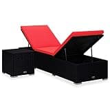 YUOGHRTFE Adjustable Patio Sun Lounger with Side Table and Cushion, PE Rattan Chaise Lounge with Tea Table, Red Sunbed for Poolside Balcony Camping
