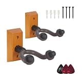 NUALLY 2-Pack Guitar Wall Hangers with Hardwood Base, Rubber-Padded Instrument Hooks for Acoustic, Electric Guitars, Bass, Violin, Ukulele & Banjo, Includes 3 Picks