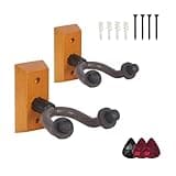 NUALLY 2-Pack Guitar Wall Hangers with Hardwood Base, Rubber-Padded Instrument Hooks for Acoustic, Electric Guitars, Bass, Violin, Ukulele & Banjo, Includes 3 Picks