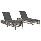 YUOGHRTFE Set of 2 Gray Poly Rattan Patio Sun Loungers with Table, Adjustable Backrest and Thick Cushions