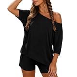 Oplxuo Women 2 Piece Loungewear Outfits Off Shoulder Dolman Sleeve Oversized Tee Casual Shorts Soft Sleep Matching Set
