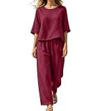 Oplxuo Women Linen 2 Piece Casual Outfits Crew Neck Short Sleeve Top Elastic Waist Wide Leg Pants Summer Matching Set