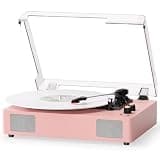 MANGOSTAN Pink Vinyl Record Player with Bluetooth Playback, 3-Speed Turntable, Built-in Stereo Speakers, RCA/AUX/Headphone Output, Bass & Treble Control, Auto Stop, Vintage LP Player